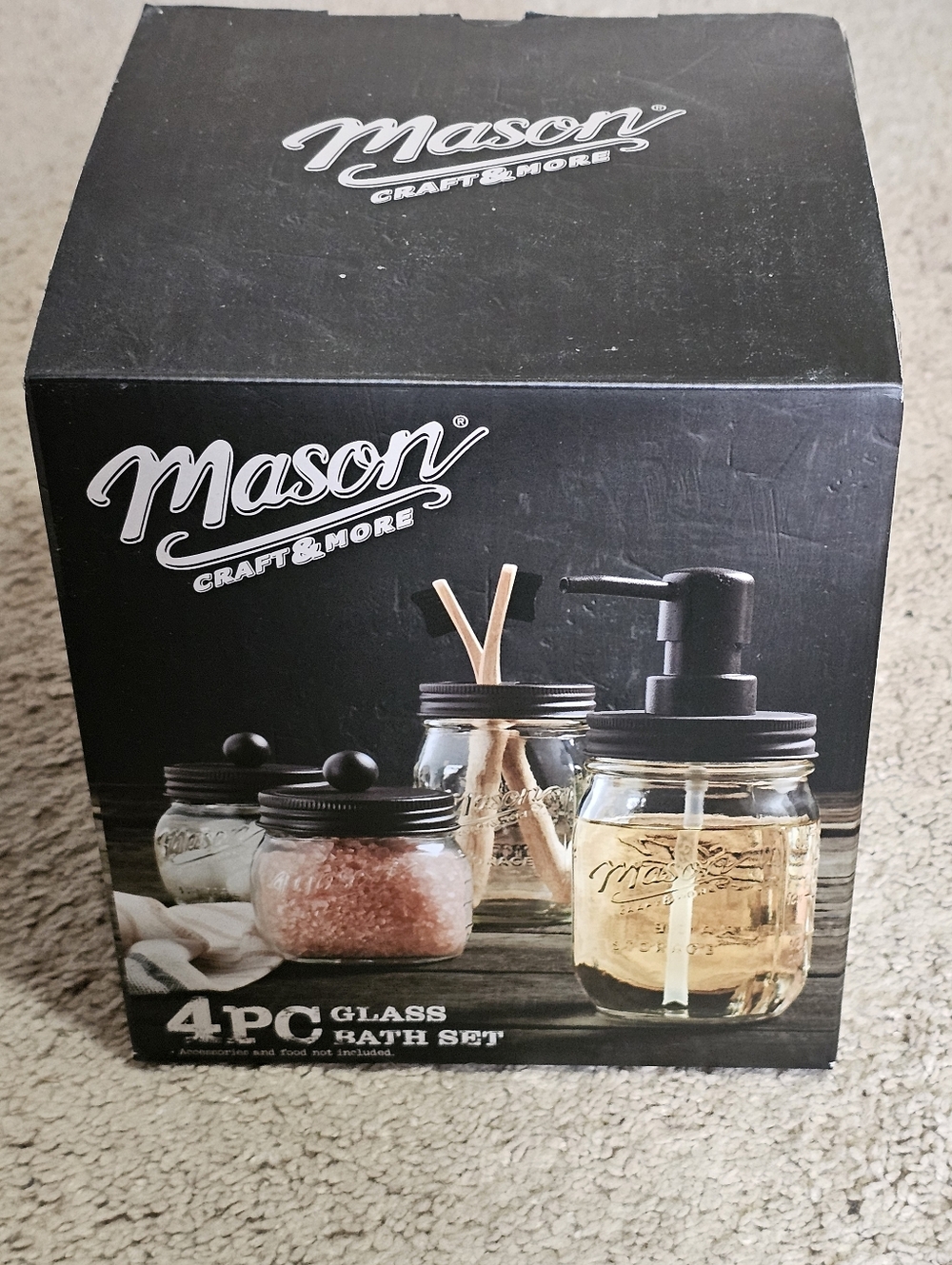 New! Mason Jar 4 Piece Glass Bath Set - Vintage Crafts - Bathroom Accessories